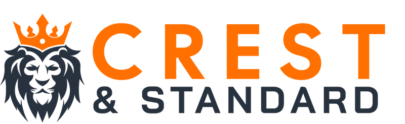 Crest & Standard logo in horizontal format. Modern blue lion face with orange crown and text that reads CREST & STANDARD