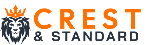 Crest & Standard logo in horizontal format.  Modern blue lion face with orange crown and text that reads CREST & STANDARD
