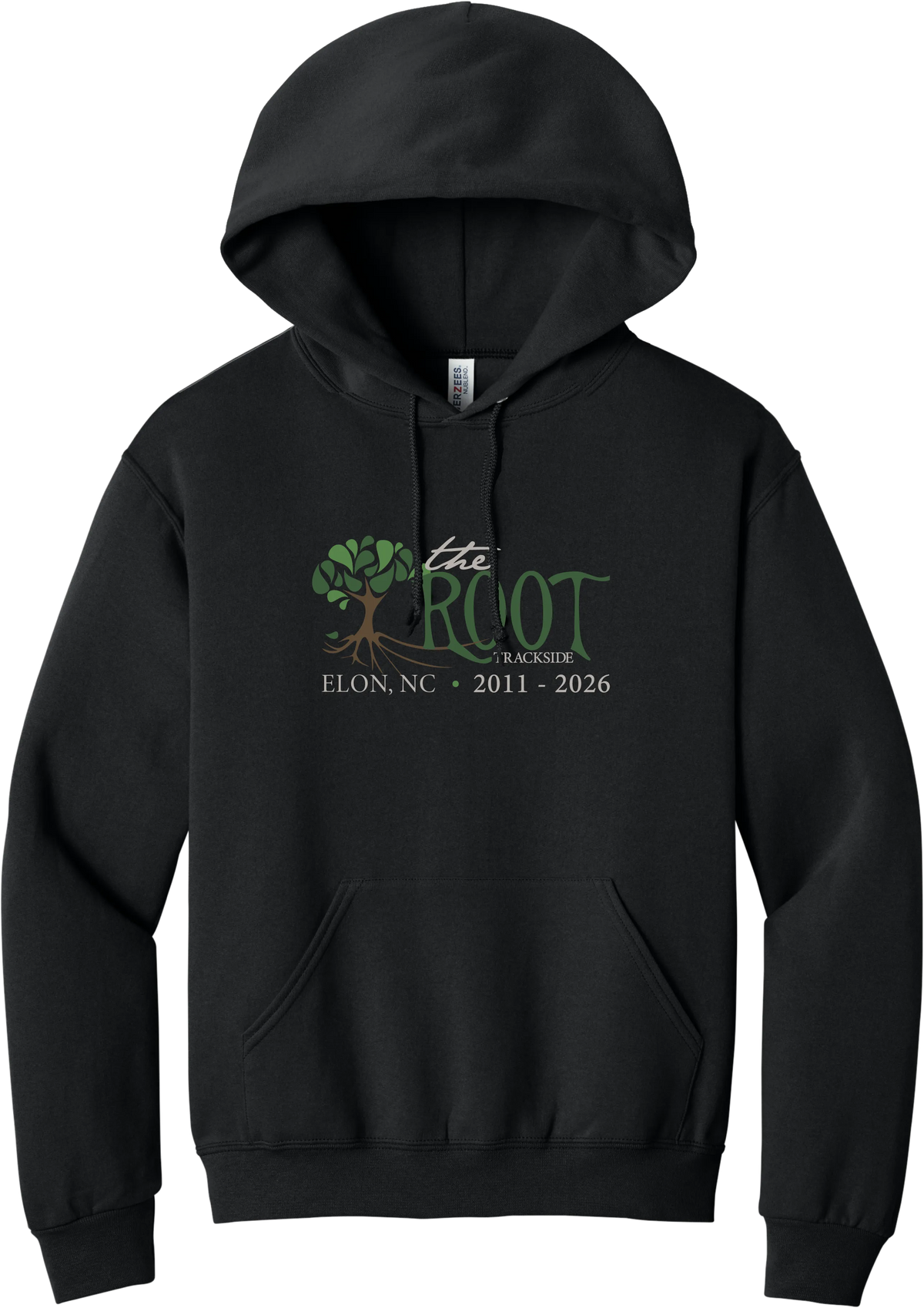 Black commemorative pullover hoodie with the full-color Root Trackside tree logo and Elon, NC 2011 - 2026 printed on the front