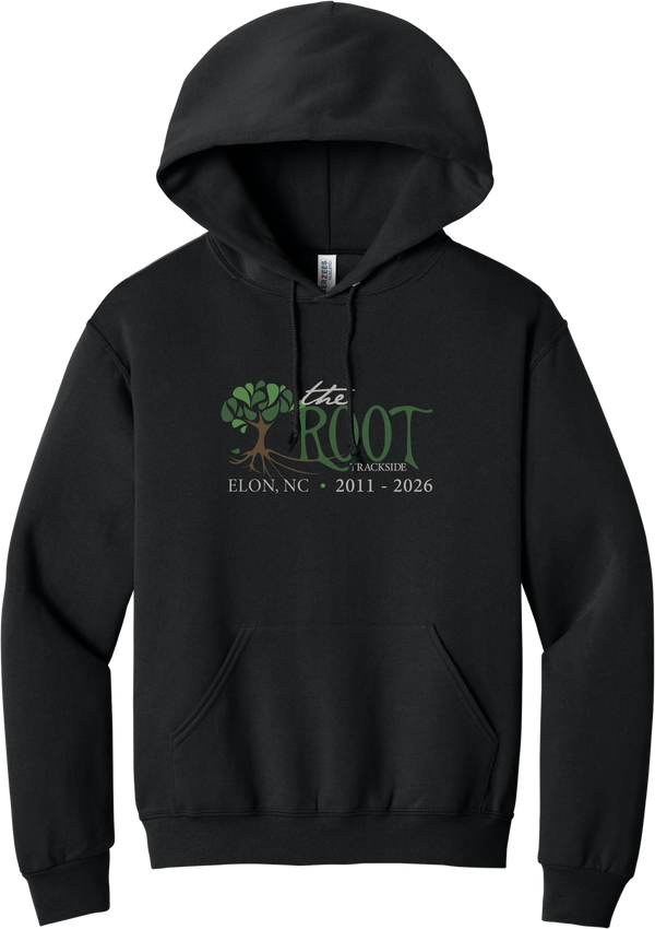 Black commemorative pullover hoodie with the full-color Root Trackside tree logo and Elon, NC 2011 - 2026 printed on the front
