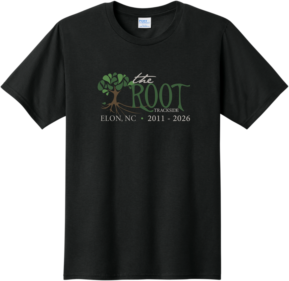 Black commemorative t-shirt with the full-color Root Trackside tree logo and Elon, NC 2011 - 2026 printed on the front