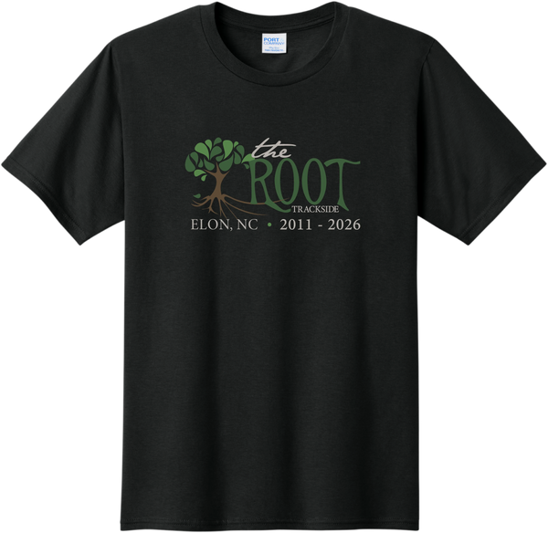 Black commemorative t-shirt with the full-color Root Trackside tree logo and Elon, NC 2011 - 2026 printed on the front