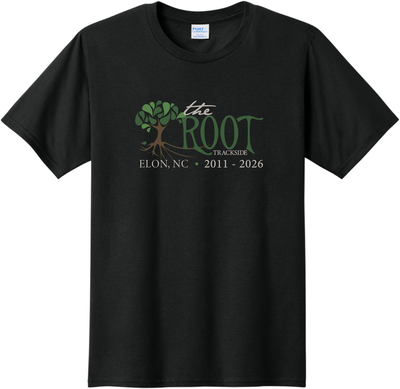 Black commemorative t-shirt with the full-color Root Trackside tree logo and Elon, NC 2011 - 2026 printed on the front