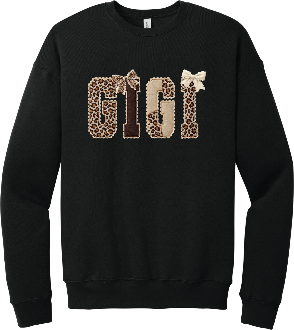 Grandma Leopard Applique crewneck sweatshirt in Black, featuring GIGI spelled out in leopard, cream, and chocolate patches with a scalloped stitched applique look and two bows