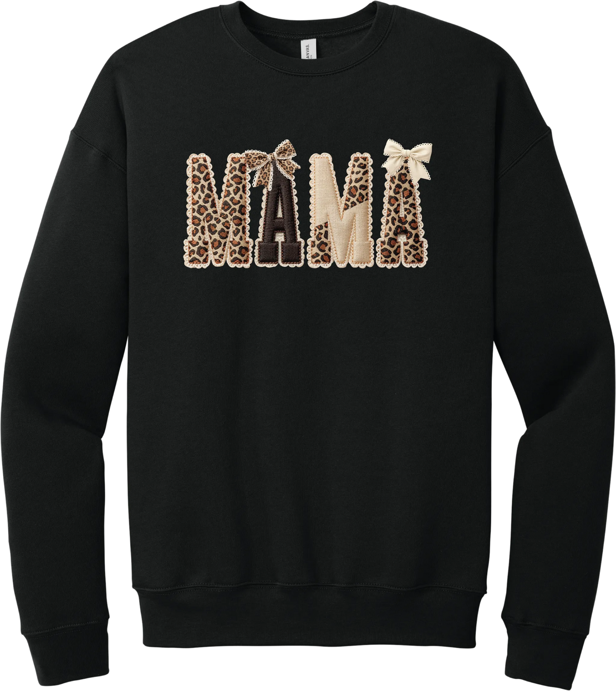 Mama Leopard Applique crewneck sweatshirt in Black, featuring MAMA spelled out in leopard, cream, and chocolate patches with a scalloped stitched applique look and two bows