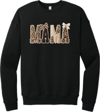 Mama Leopard Applique crewneck sweatshirt in Black, featuring MAMA spelled out in leopard, cream, and chocolate patches with a scalloped stitched applique look and two bows