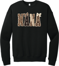 Grandma Leopard Applique crewneck sweatshirt in Black, featuring NANA spelled out in leopard, cream, and chocolate patches with a scalloped stitched applique look and two bows