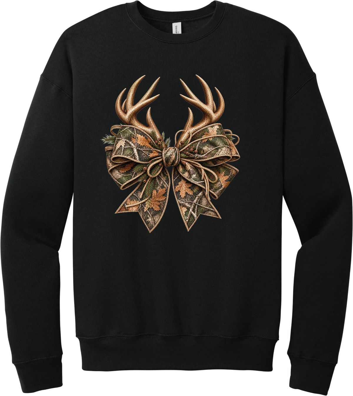 Coquette Antlers crewneck sweatshirt in Black, featuring deer antlers tied with an oversized camo bow, twine, and autumn leaves