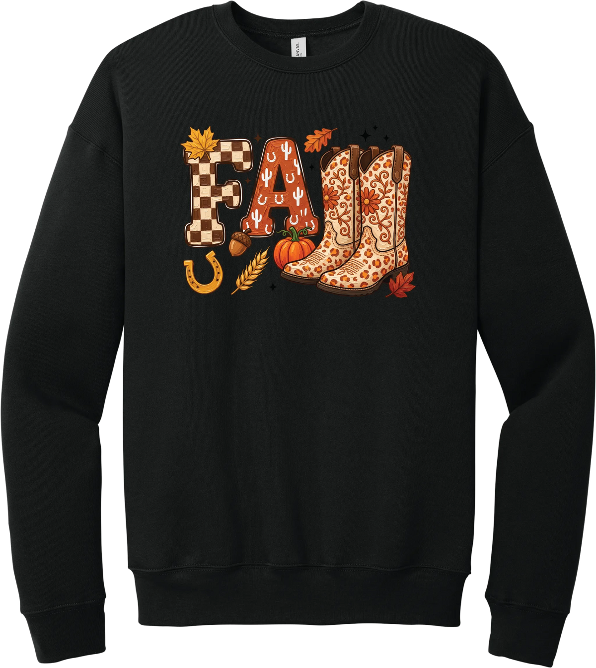 Boot Weather crewneck sweatshirt in Black, featuring patchwork FALL letters with cowgirl boots, a pumpkin, and a horseshoe