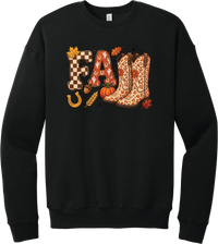 Boot Weather crewneck sweatshirt in Black, featuring patchwork FALL letters with cowgirl boots, a pumpkin, and a horseshoe