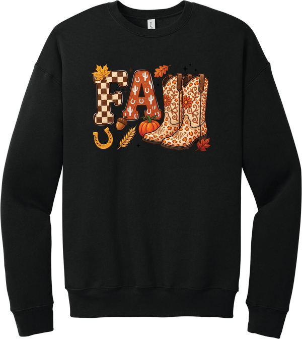 Boot Weather crewneck sweatshirt in Black, featuring patchwork FALL letters with cowgirl boots, a pumpkin, and a horseshoe