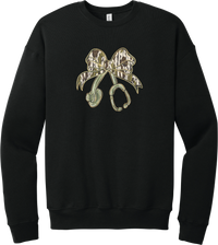 Camo Bow Stethoscope crewneck sweatshirt in Black, featuring a glittery camo print coquette bow tied to a sage green stethoscope
