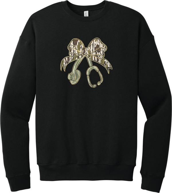 Camo Bow Stethoscope crewneck sweatshirt in Black, featuring a glittery camo print coquette bow tied to a sage green stethoscope