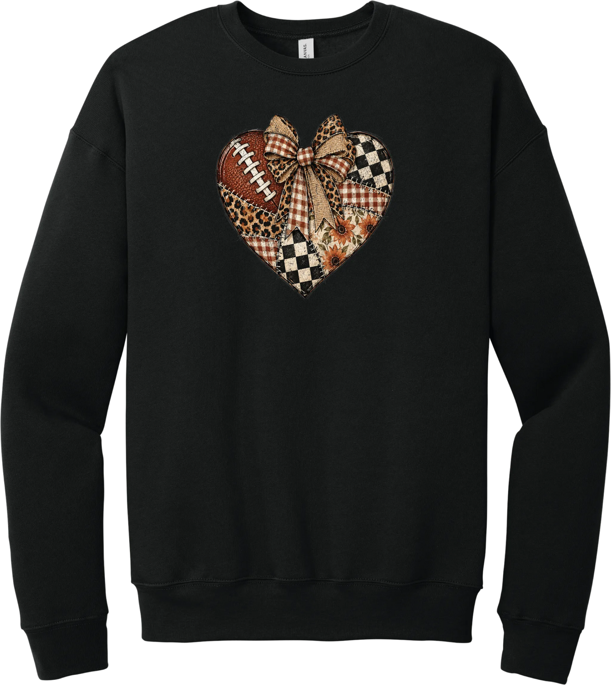 For the Love of Football crewneck sweatshirt in Black, featuring a patchwork heart in leopard, plaid, and checkerboard with a football and a cream bow