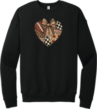 For the Love of Football crewneck sweatshirt in Black, featuring a patchwork heart in leopard, plaid, and checkerboard with a football and a cream bow
