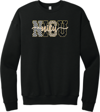 Glitzy Patterned NICU crewneck sweatshirt in Black, featuring NICU block letters in checkerboard, polka dot, leopard, and starry patterns with a gold glitter outline and nicu script