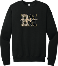 Glitzy Patterned RN crewneck sweatshirt in Black, featuring RN block letters in leopard and sparkle star patterns with a gold glitter outline and rn script