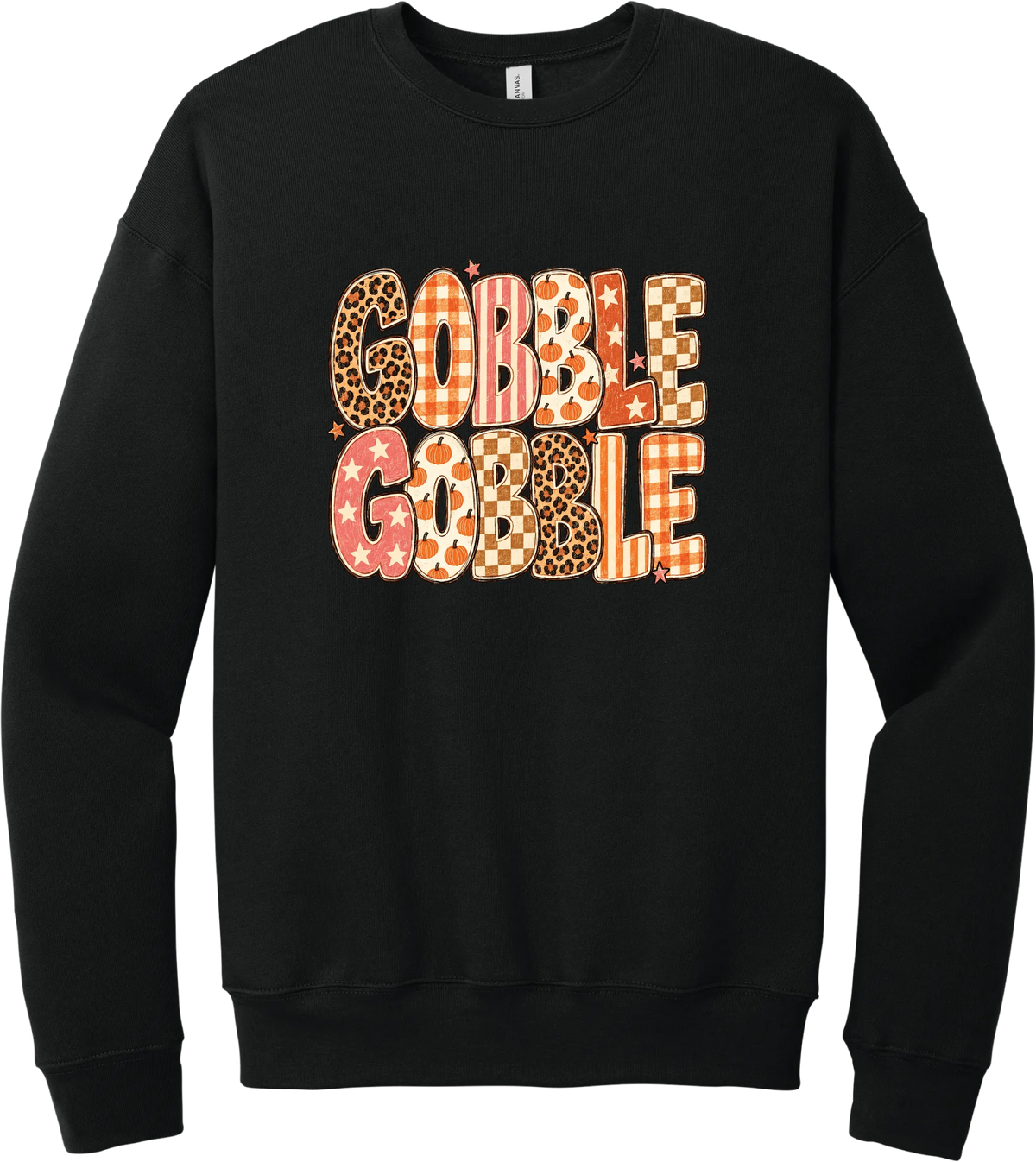 Gobble Gobble Patchwork crewneck sweatshirt in Black, featuring Gobble Gobble in bubble letters filled with leopard, gingham, checkerboard, stars, and pumpkin prints