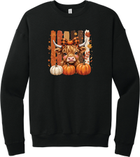 Highland Cozy crewneck sweatshirt in Black, featuring a fluffy highland cow calf in a buffalo check bow with pumpkins and painted autumn stripes