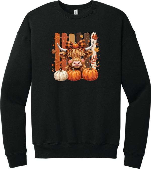 Highland Cozy crewneck sweatshirt in Black, featuring a fluffy highland cow calf in a buffalo check bow with pumpkins and painted autumn stripes
