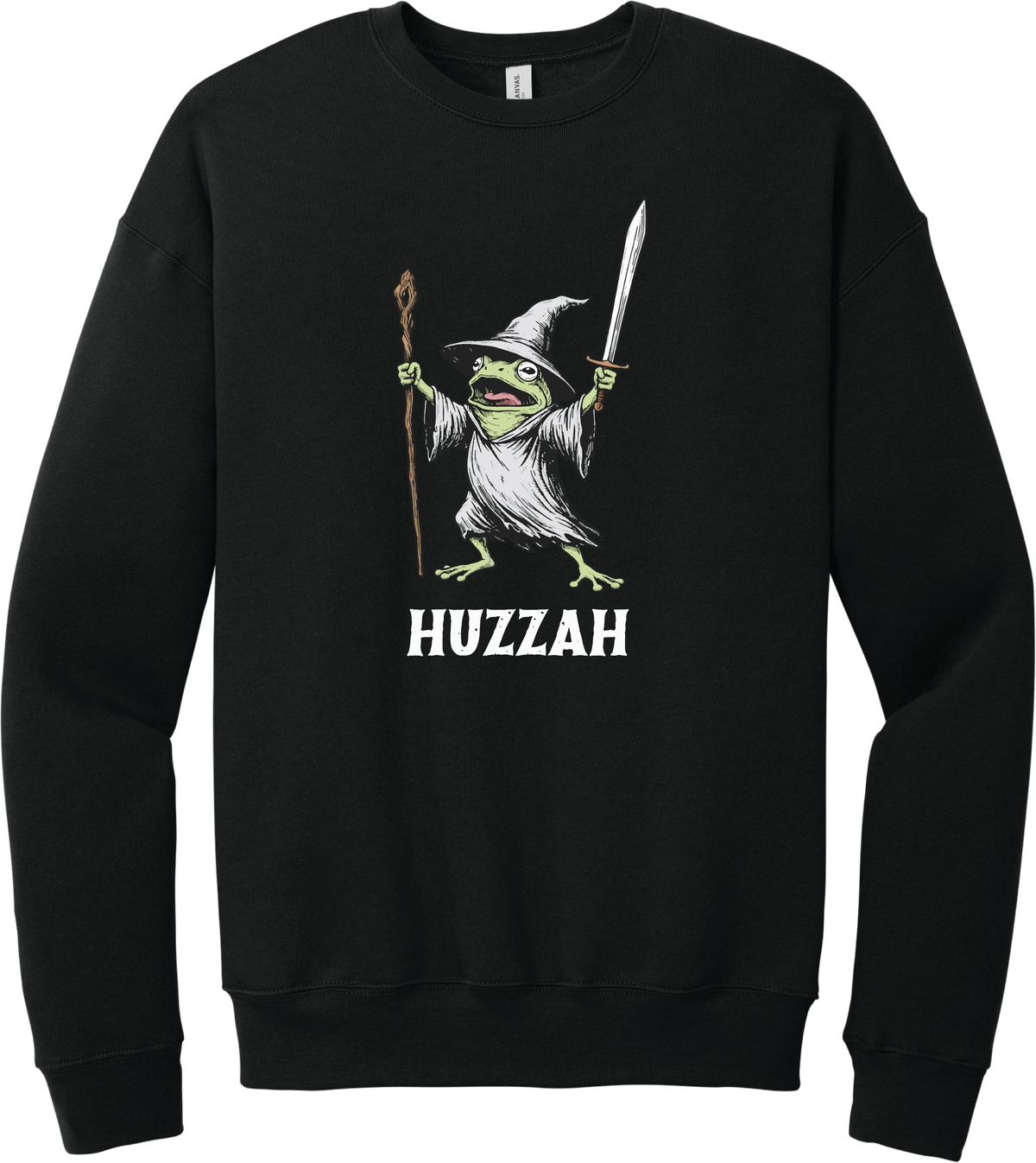 Huzzah crewneck sweatshirt in Black, featuring a wizard frog raising a sword and staff with HUZZAH