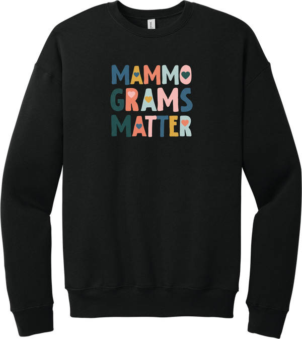 Mammograms Matter crewneck sweatshirt in Black, featuring MAMMOGRAMS MATTER in bold multicolor block letters with tiny hearts tucked inside