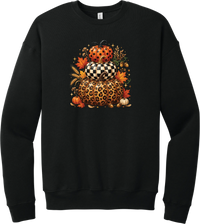 All Stacked Up crewneck sweatshirt in Black, featuring three stacked pumpkins in polka dot, checkerboard, and leopard with autumn leaves