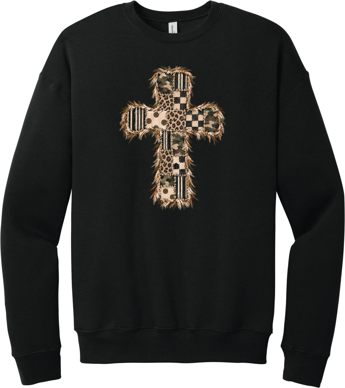 Quilted Patchwork Cross crewneck sweatshirt in Black, featuring a patchwork cross in camo, leopard, checkerboard, polka dot, and stripes with a fringed edge