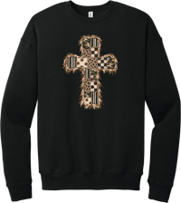 Quilted Patchwork Cross crewneck sweatshirt in Black, featuring a patchwork cross in camo, leopard, checkerboard, polka dot, and stripes with a fringed edge