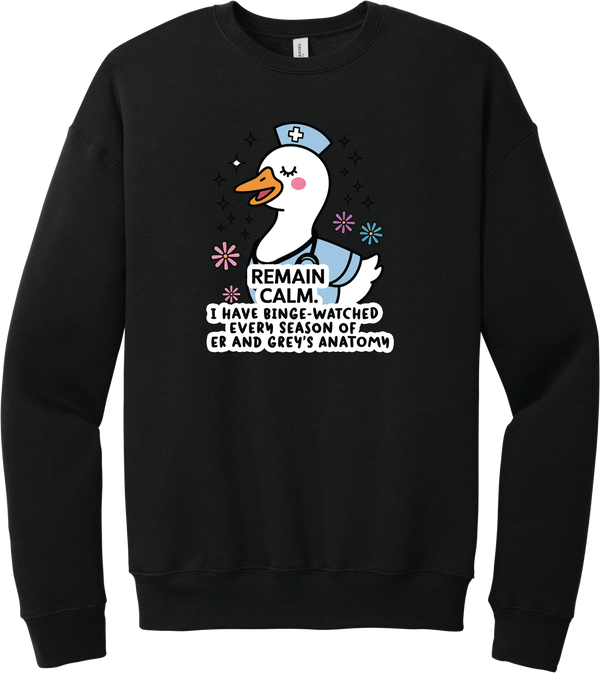 Remain Calm Nurse crewneck sweatshirt in Black, featuring a nurse goose in a cap with sparkles and flowers above Remain Calm lettering