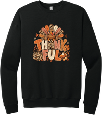 Thankful Leopard Turkey crewneck sweatshirt in Black, featuring a leopard and plaid feathered turkey over the word Thankful, with a leopard pumpkin, pie, and autumn leaves