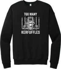 Too Many Kerfuffles crewneck sweatshirt in Black, featuring a frog in a newsboy cap behind jail bars with Too many kerfuffles