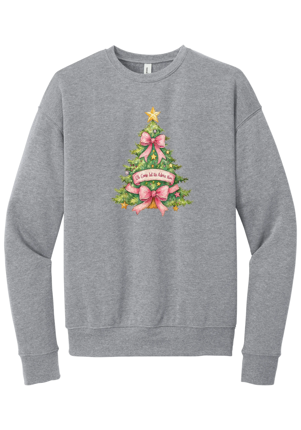 Adore Him Bow Tree crewneck sweatshirt in Athletic Heather, featuring a green Christmas tree with pink bows, a gold star, and an Oh Come Let Us Adore Him banner
