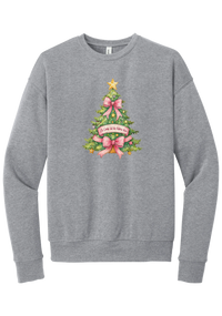 Adore Him Bow Tree crewneck sweatshirt in Athletic Heather, featuring a green Christmas tree with pink bows, a gold star, and an Oh Come Let Us Adore Him banner