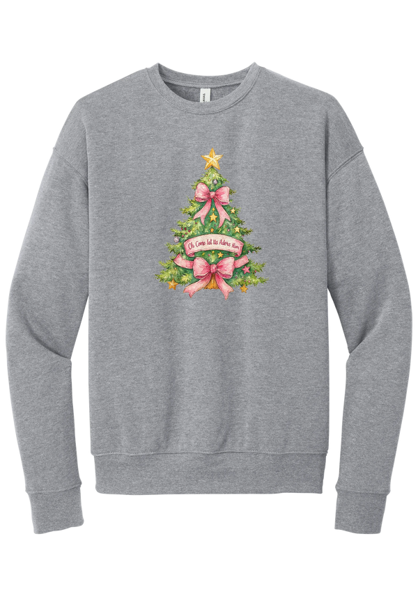 Adore Him Bow Tree crewneck sweatshirt in Athletic Heather, featuring a green Christmas tree with pink bows, a gold star, and an Oh Come Let Us Adore Him banner