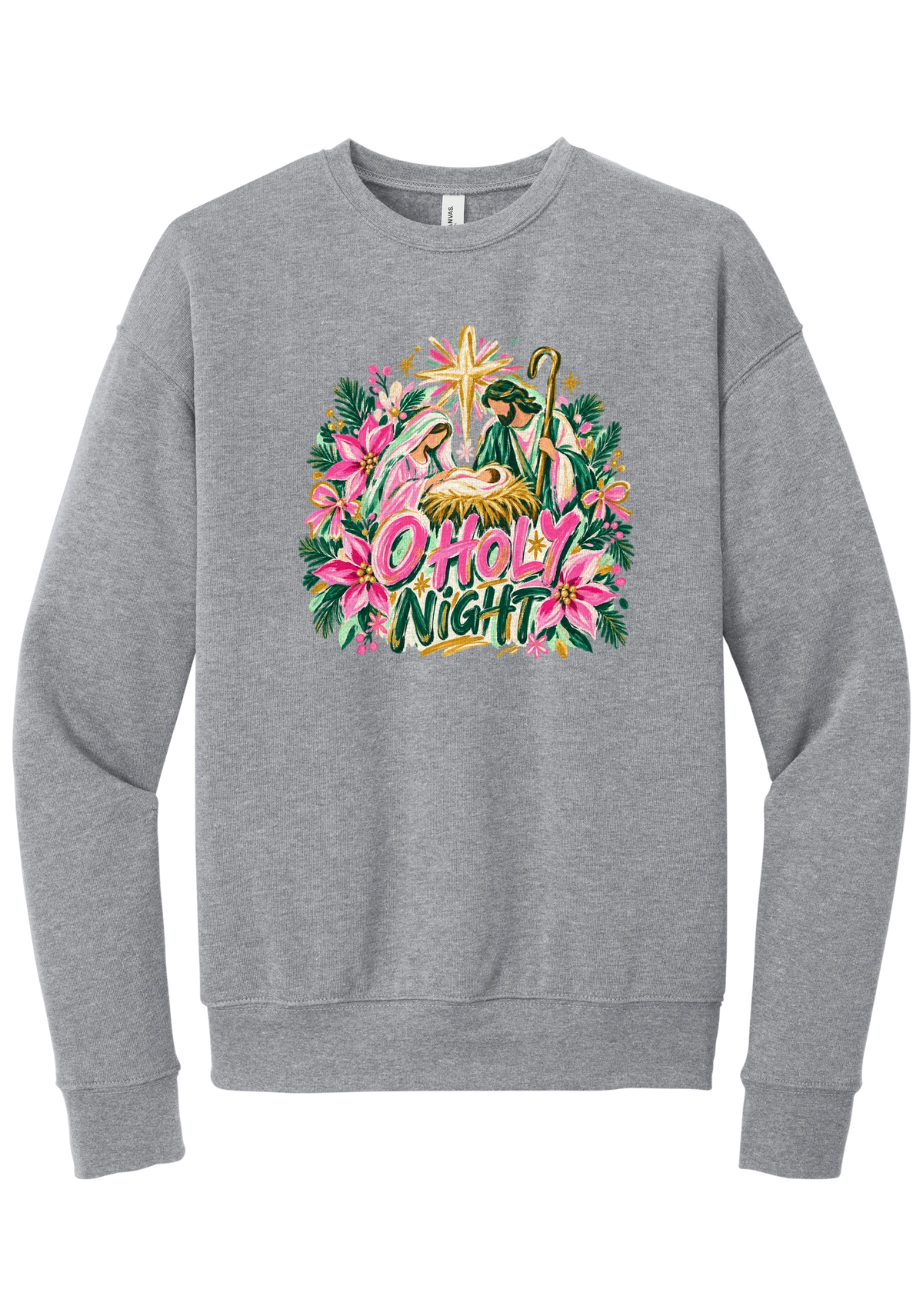 Artful O Holy Night crewneck sweatshirt in Athletic Heather, featuring a painted nativity under the star of Bethlehem with O Holy Night lettering framed by pink poinsettias and evergreen