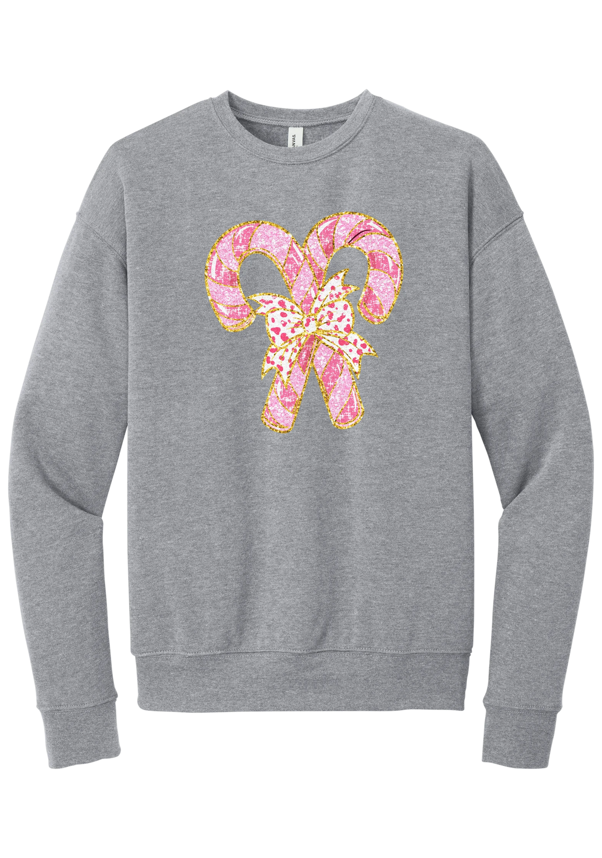 Candy Cane Bow crewneck sweatshirt in Athletic Heather, featuring two pink glitter candy canes tied with a leopard heart bow and gold trim