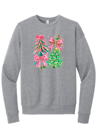 Christmas Tree Bows crewneck sweatshirt in Athletic Heather, featuring painted pink and green Christmas trees with big pink satin bows
