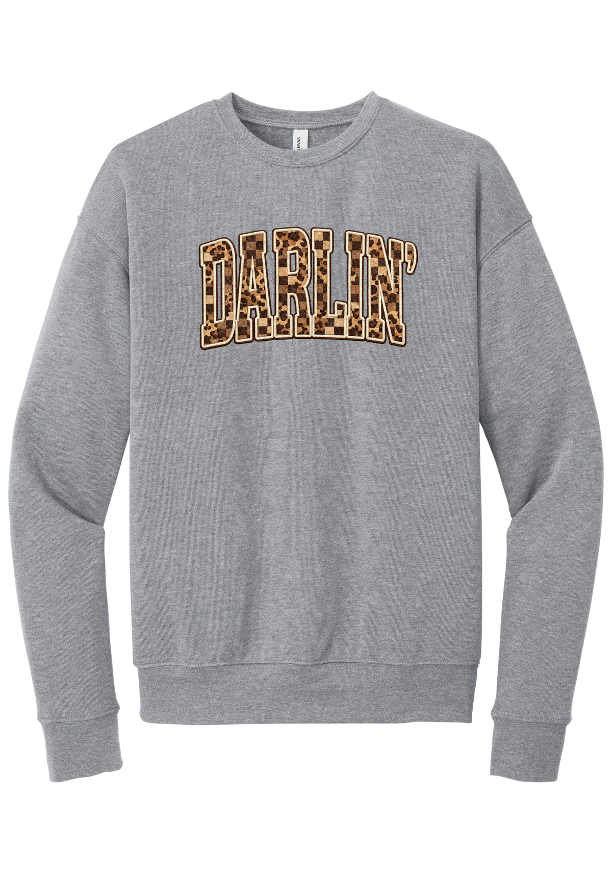 Darlin' crewneck sweatshirt, Leopard Checker design, in Athletic Heather, featuring arched varsity DARLIN' letters filled with leopard and checker print