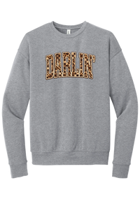 Darlin' crewneck sweatshirt, Leopard Checker design, in Athletic Heather, featuring arched varsity DARLIN' letters filled with leopard and checker print