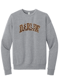 Darlin' crewneck sweatshirt, Patchwork design, in Athletic Heather, featuring arched varsity DARLIN' letters filled with leopard and checker print
