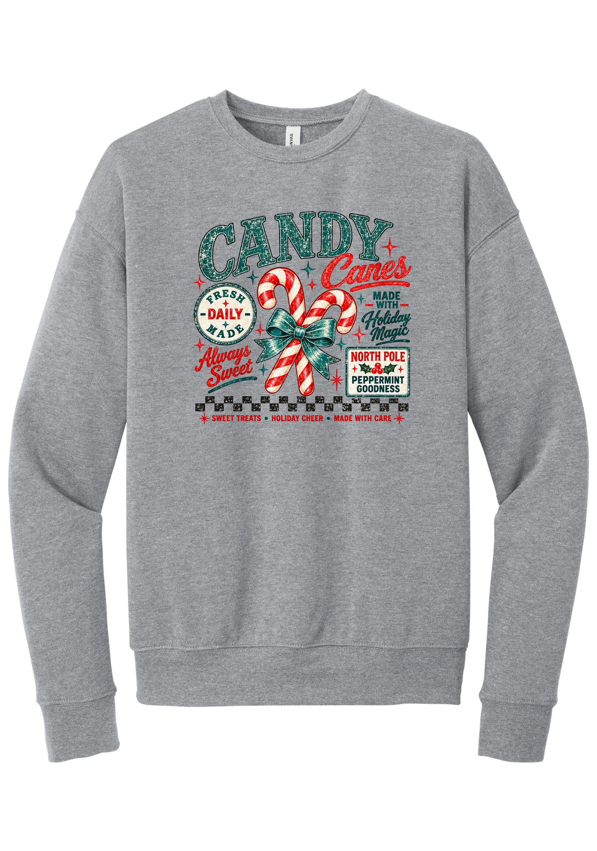 Fresh Candy Canes crewneck sweatshirt in Athletic Heather, featuring vintage candy shop lettering with two striped candy canes tied in a green bow, a North Pole Peppermint Goodness sign, and a checkerboard stripe