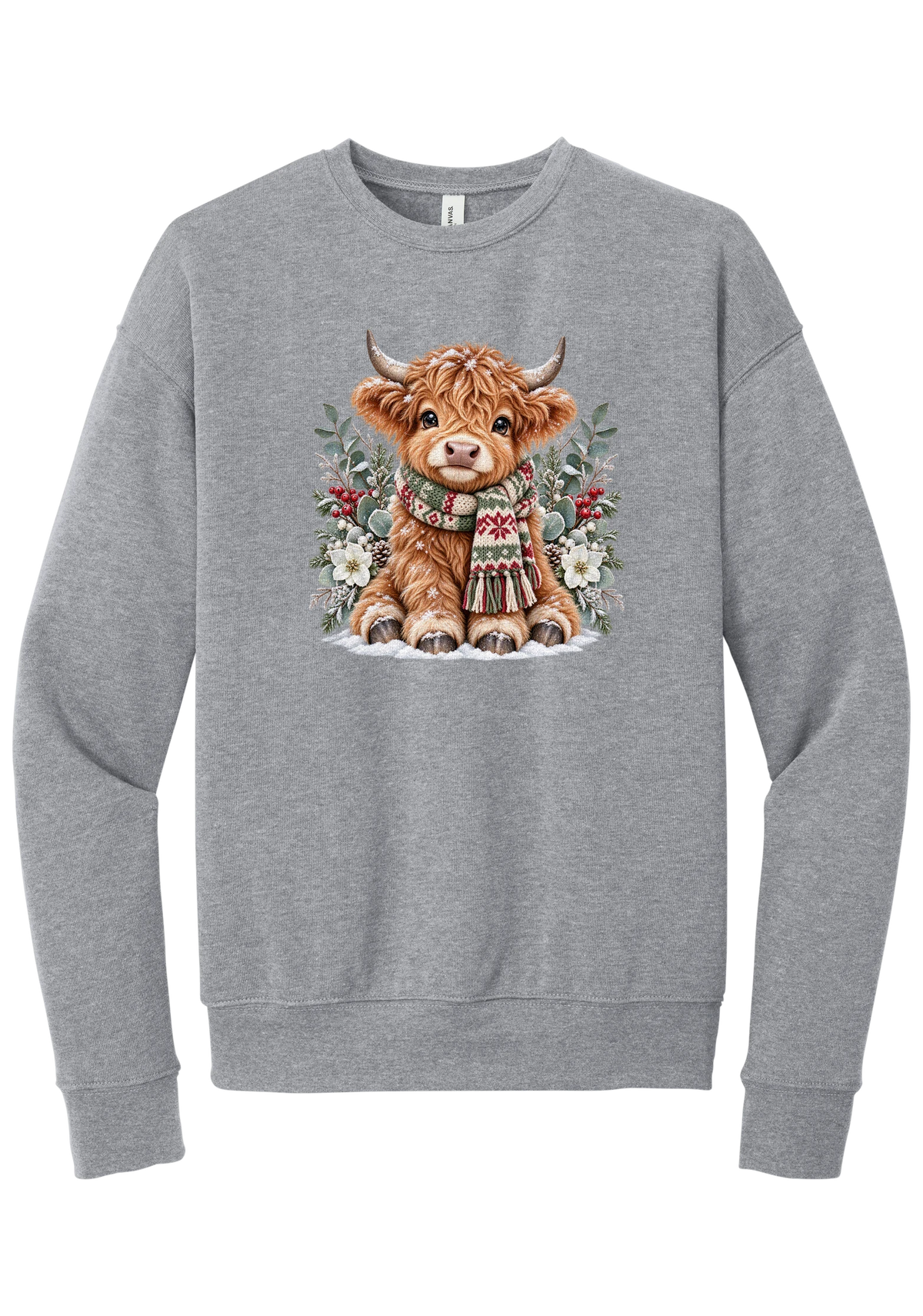 Highland Holidays crewneck sweatshirt in Athletic Heather, featuring a fluffy baby Highland cow in a Fair Isle knit scarf, surrounded by frosted eucalyptus, pine, red berries, and white Christmas roses