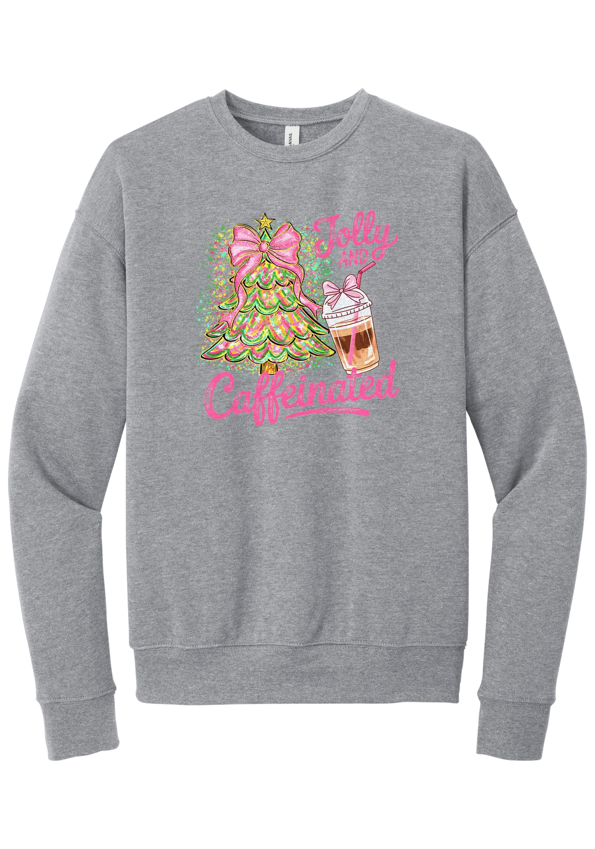 Jolly and Caffeinated crewneck sweatshirt in Athletic Heather, featuring a pink bow Christmas tree and an iced coffee with Jolly and Caffeinated script
