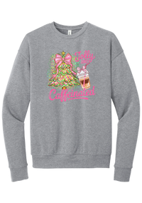 Jolly and Caffeinated crewneck sweatshirt in Athletic Heather, featuring a pink bow Christmas tree and an iced coffee with Jolly and Caffeinated script