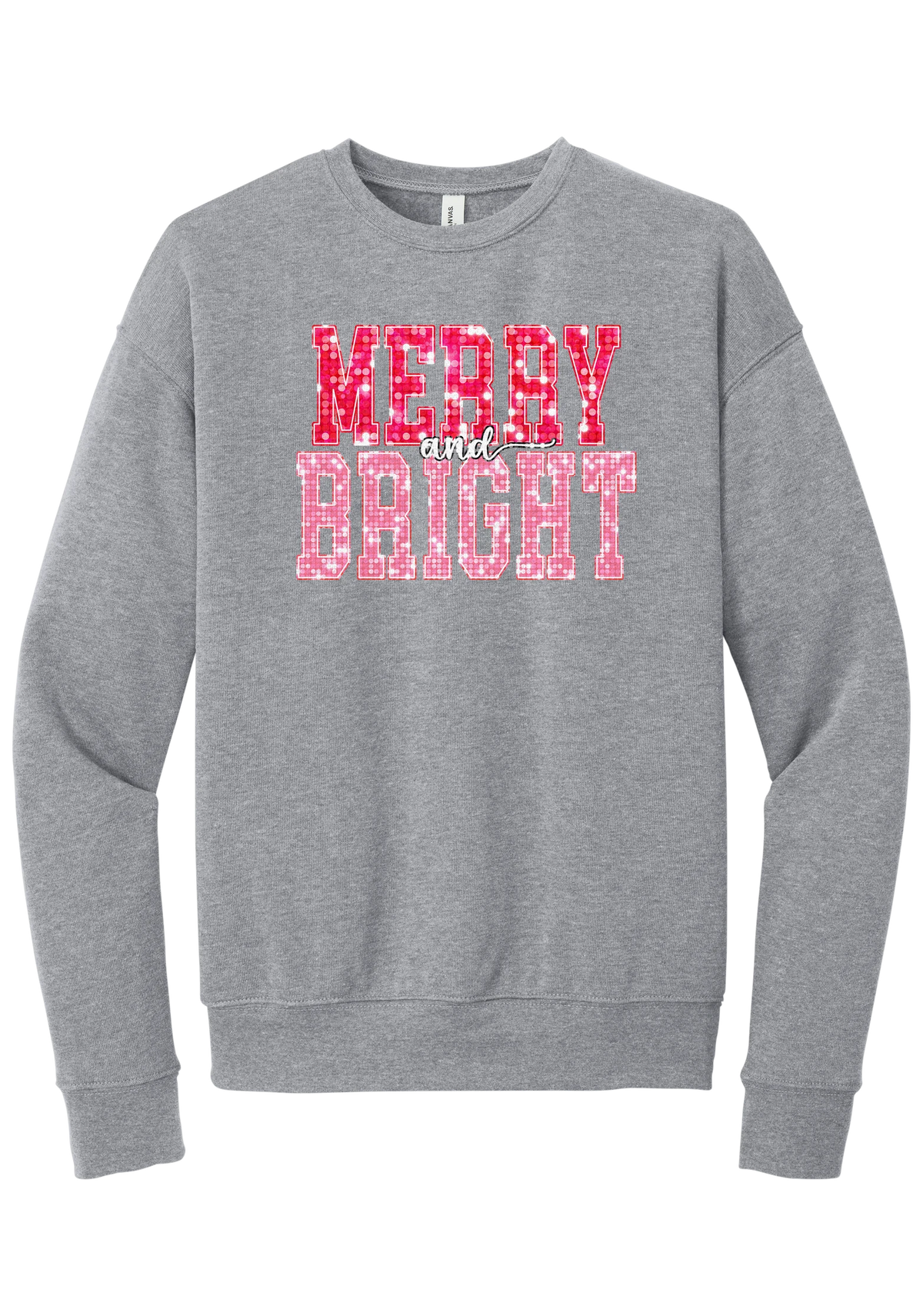 Merry and Bright Sequin crewneck sweatshirt in Athletic Heather, featuring varsity MERRY and BRIGHT letters with a pink and red sequin look