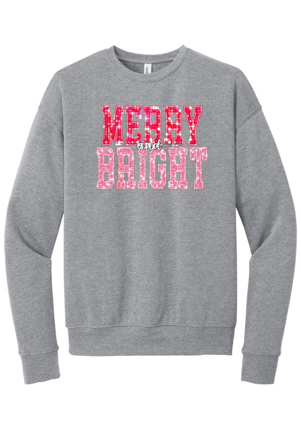 Merry and Bright Sequin crewneck sweatshirt in Athletic Heather, featuring varsity MERRY and BRIGHT letters with a pink and red sequin look
