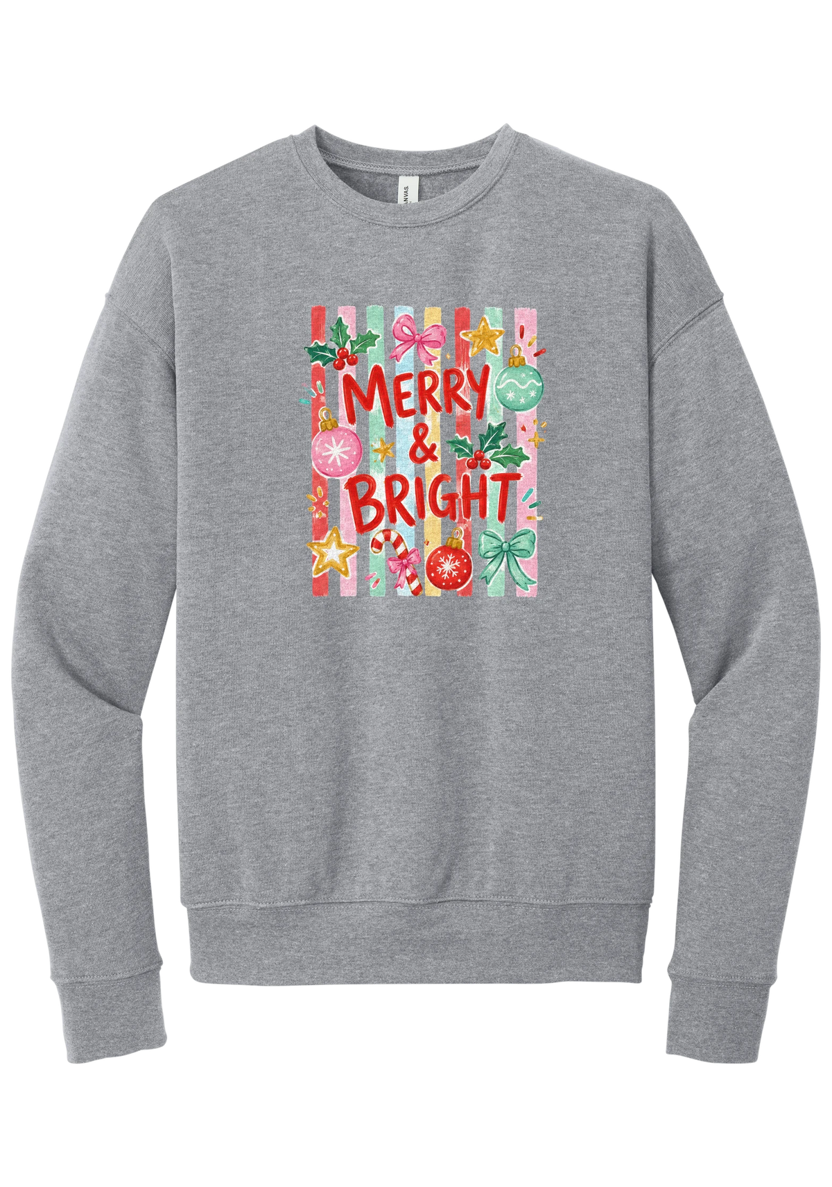 Merry and Bright Striped crewneck sweatshirt in Athletic Heather, featuring red MERRY and BRIGHT letters on pink and green stripes with ornaments and holly