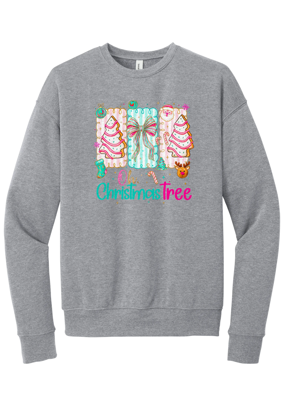 Oh Christmas Tree Cakes crewneck sweatshirt in Athletic Heather, featuring frosted Christmas tree snack cakes on pink and mint panels over Oh Christmas Tree lettering