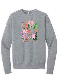 Oh What Fun crewneck sweatshirt in Athletic Heather, featuring hand-painted Oh What Fun letters with pink bows, whimsical Christmas trees, and ornaments